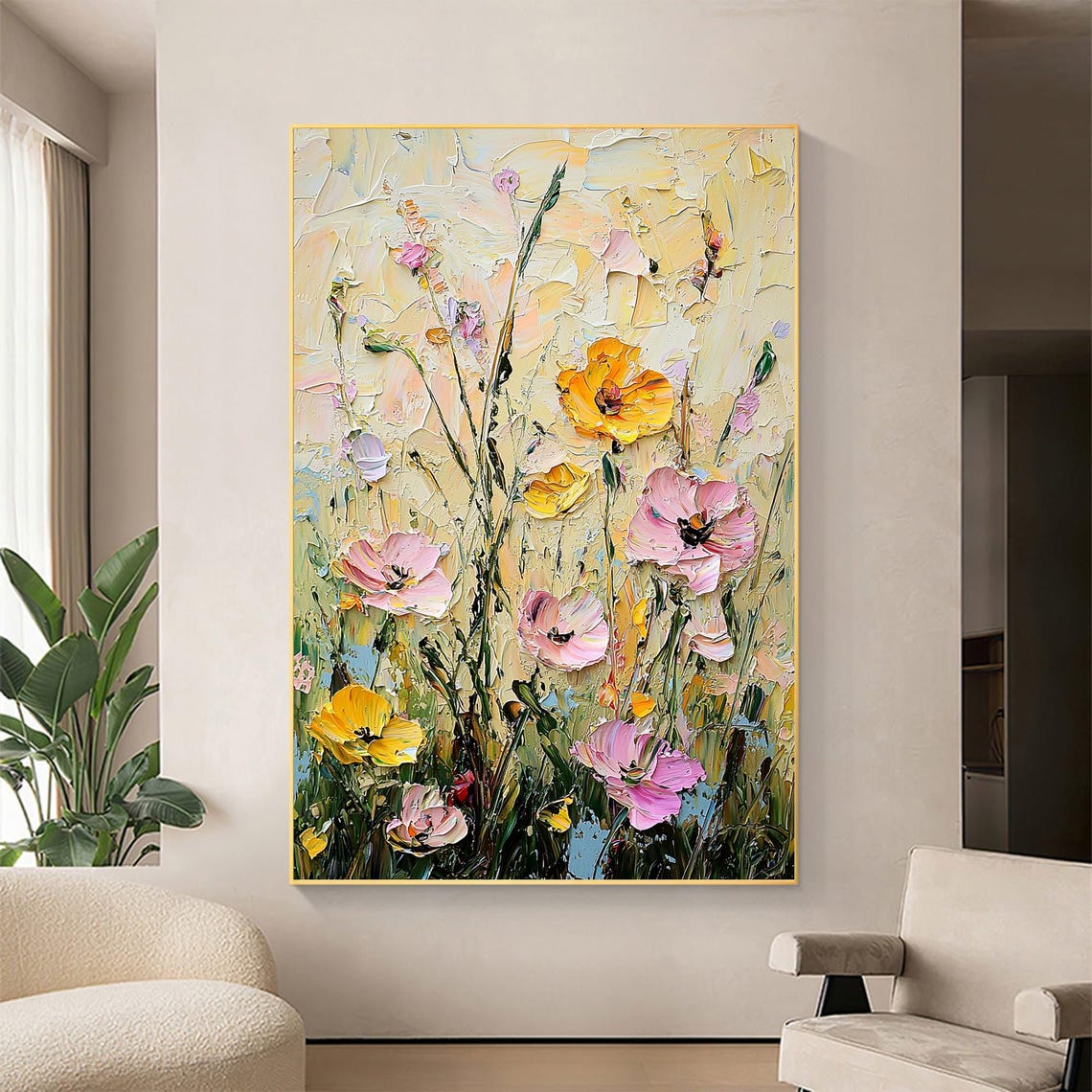 Pink Yellow Poppy Blooms Standing Tall on Cream Impasto Wall Art - Image 5