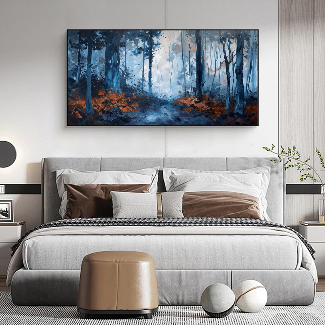 Large Original Forest Oil Painting On Blue Tree Wall Art Abstract Nature Landscape Painting Custom Modern Living Room Home Decor - Image 2