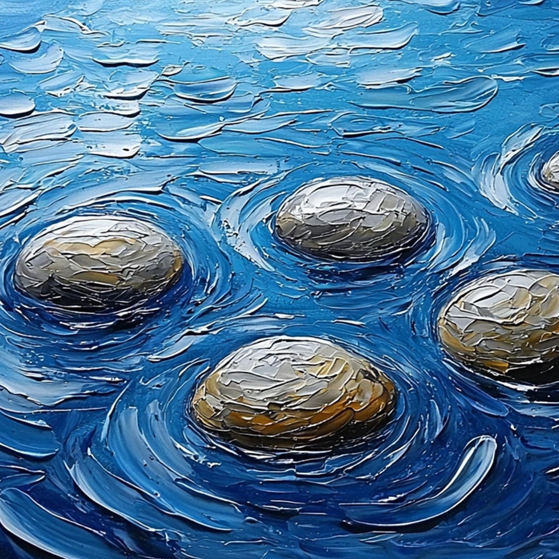 Six Smooth River Stones Floating In Bright Blue Swirling Water Poster - Image 3