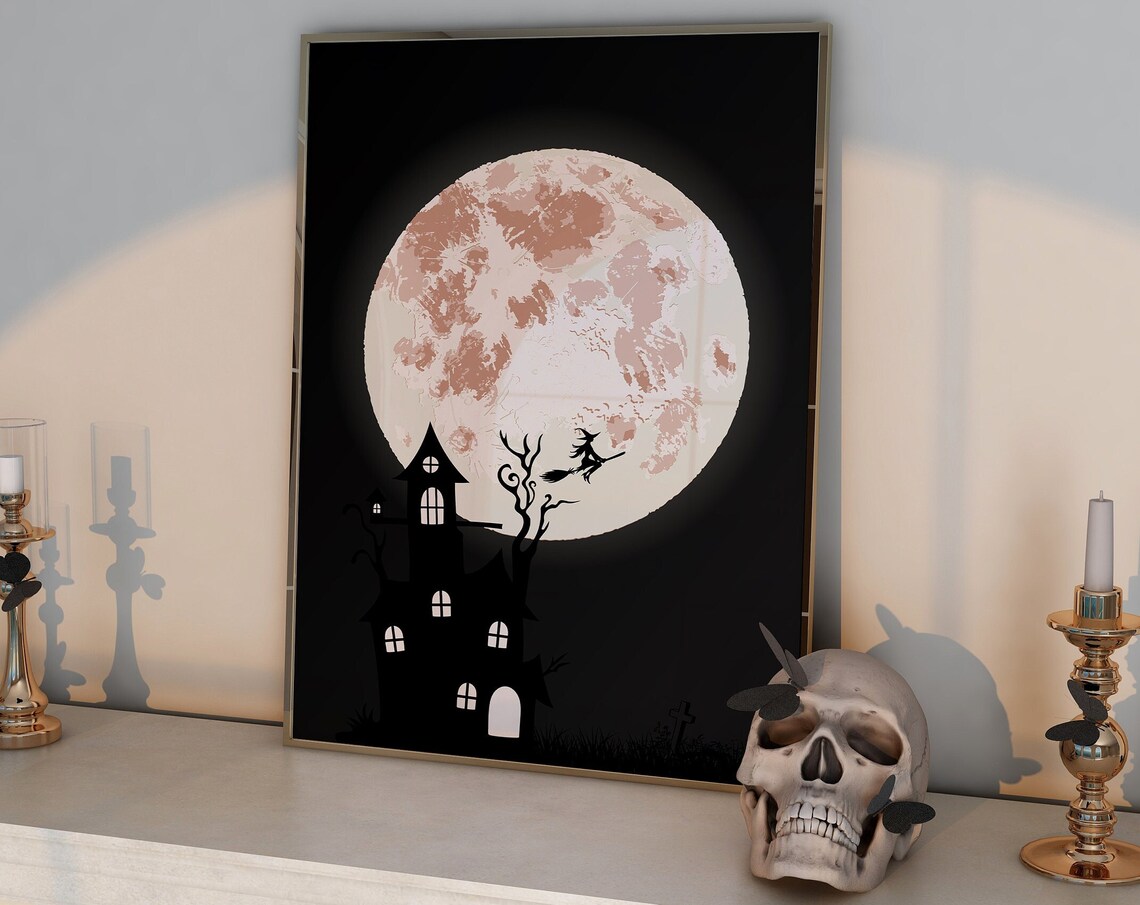 Full Moon Haunted House Witch Silhouette Spooky Night Poster