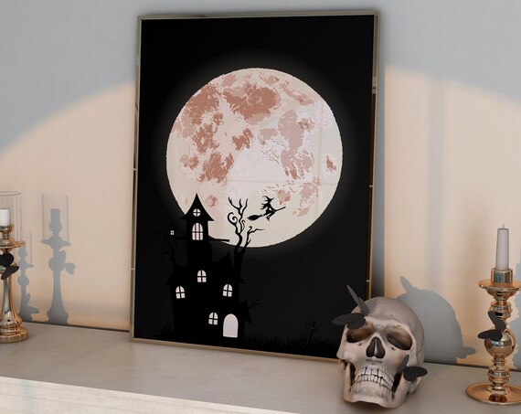 Full Moon Haunted House Witch Silhouette Spooky Night Poster