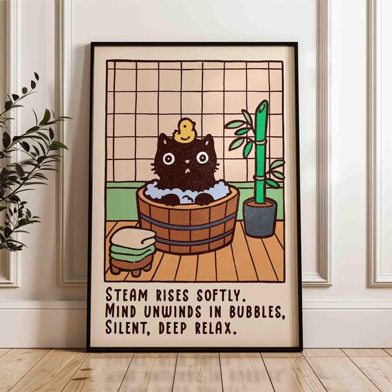 Black Cat Soaking Onsen Japanese Cartoon Deep Relax Quote Poster