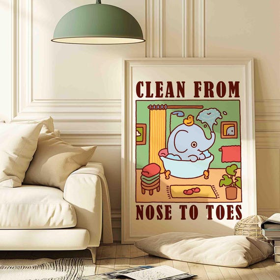 Elephant In A Bath Poster Bubble Time Cute Bathroom Art Print Trendy Rubber Duck Unframed Shipped Wall
