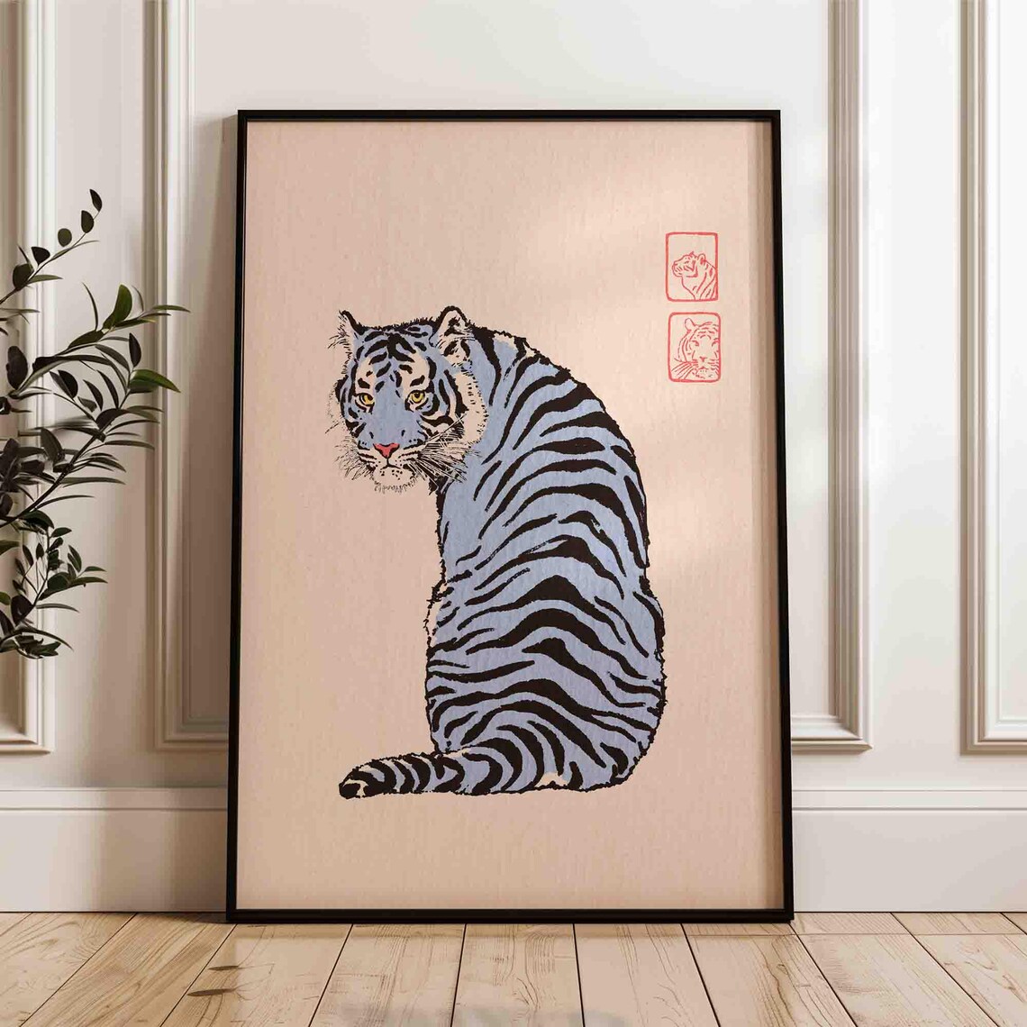 Blue Tiger Turning Back Japanese Vintage Style Animal Poster