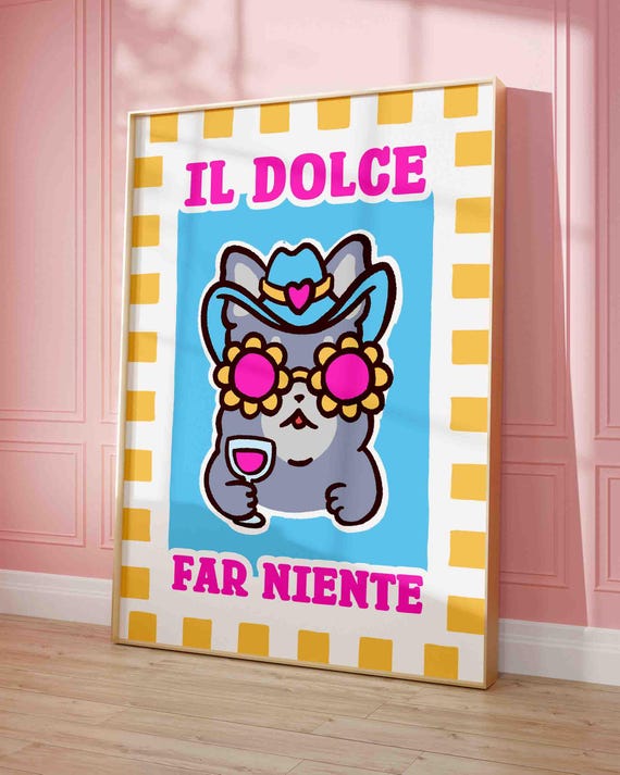 Dog Il Dolce Far Niente Print Funny With Sunglasses Poster Funky Wall Art Cute Puppy Coastal Gallery Summer