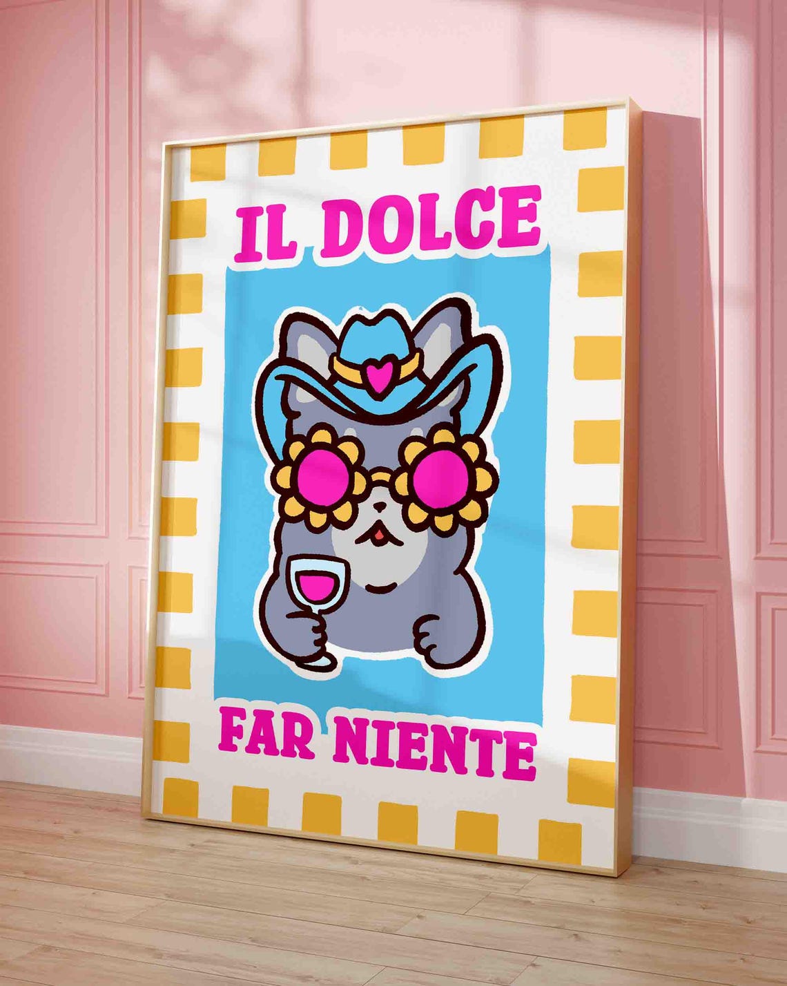 Il Dolce Far Niente Cat Cowboy Hat Flower Sunglasses Summer Poster