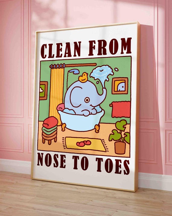 Elephant In A Bath Poster Bubble Time Cute Bathroom Art Print Trendy Silly Goose Unframed Shipped Wall