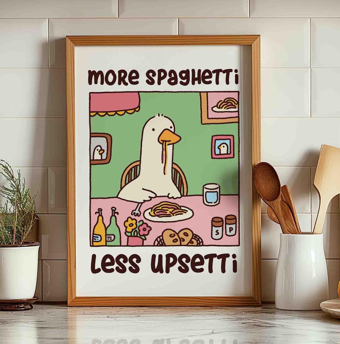 Duck Eating Spaghetti Retro Diner Poster Print