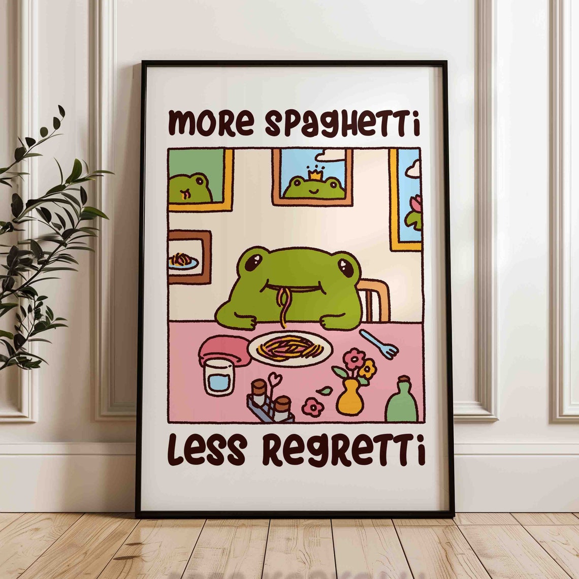 More Spaghetti Less Regretti Funny Frog Kitchen Cartoon Poster