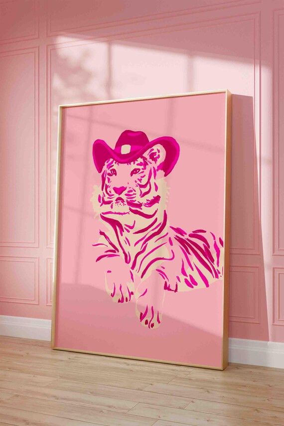Pink Cowboy Tiger Pop Art Poster Hot Pink Western Maximalist Animal