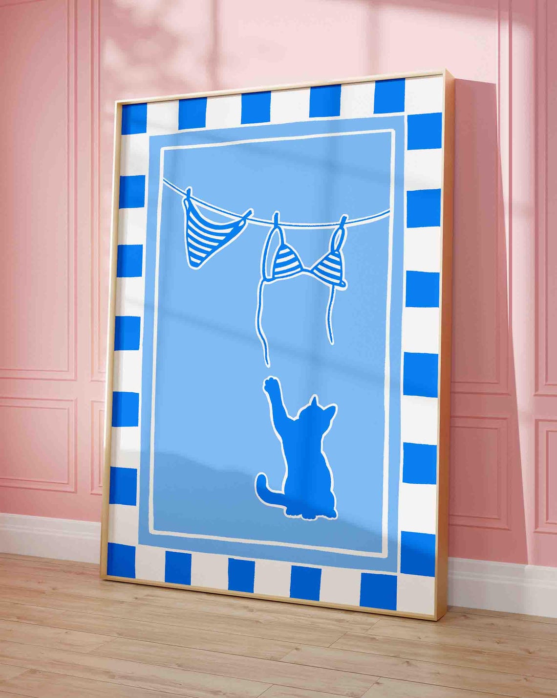 Blue Cat Reaching For Striped Bikini Clothesline Coastal Art Poster