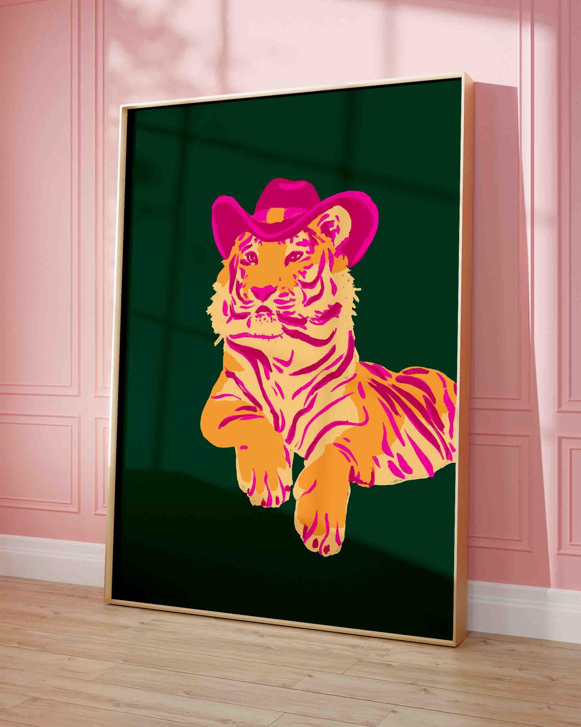 Pink Cowboy Hat Tiger Emerald Green Bold Pop Art Western Feline Poster