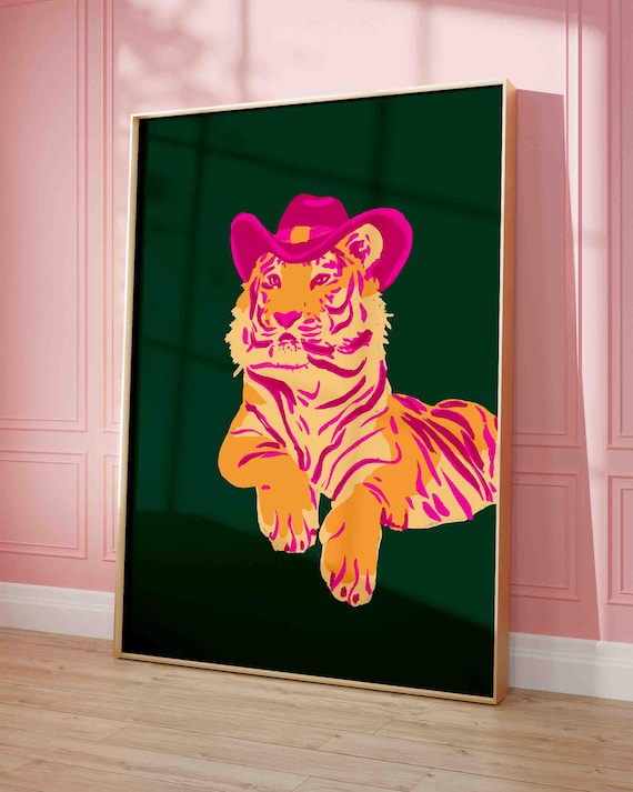 Pink Cowboy Hat Tiger Emerald Green Bold Pop Art Western Feline Poster