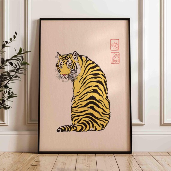 Seated Tiger Japanese Woodblock Style Minimalist Big Cat Poster