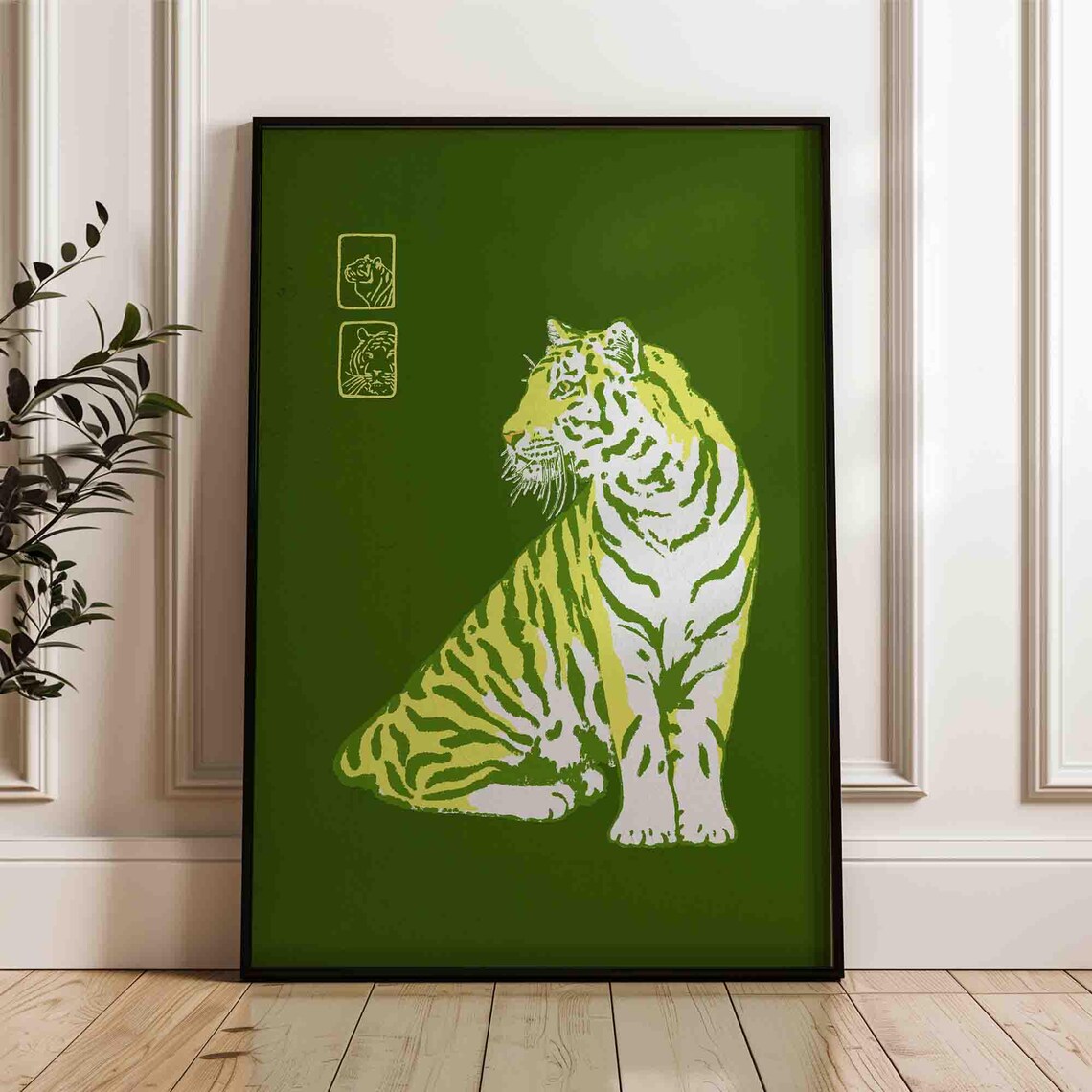 Emerald Green Japanese Tiger Minimal Japandi Feline Illustration Poster