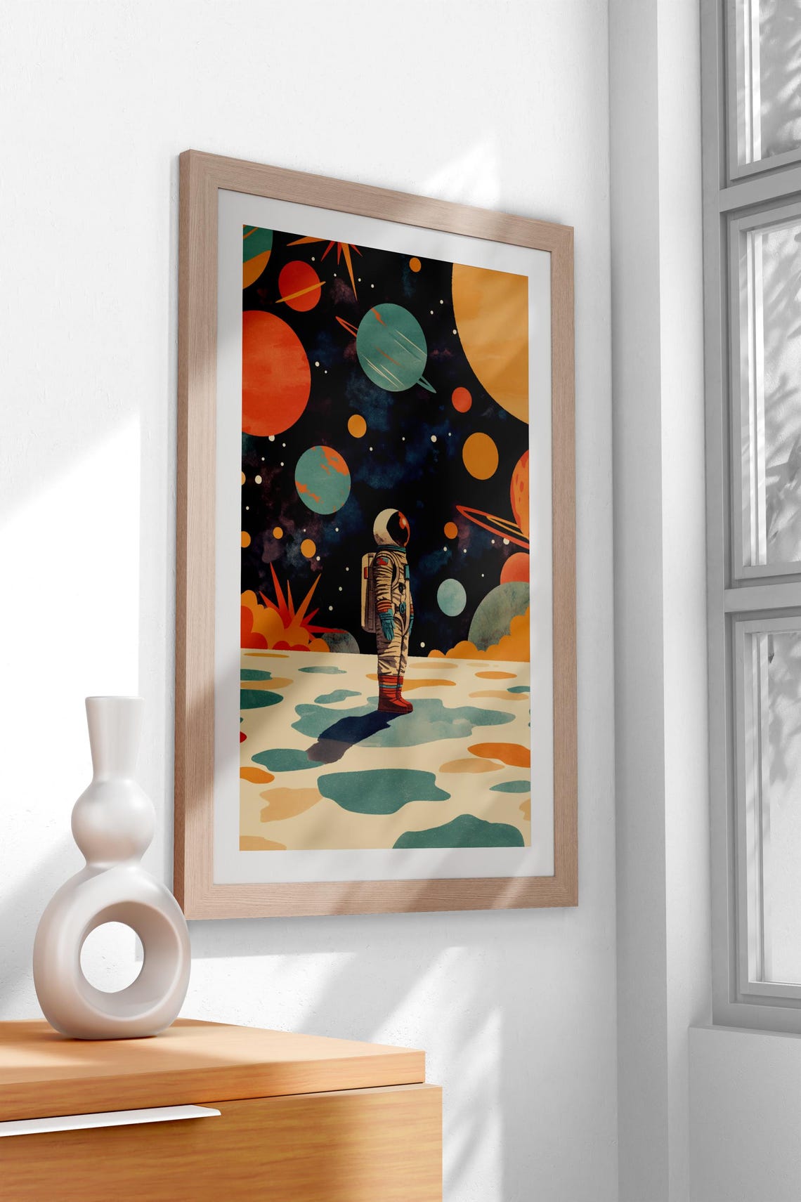 Brave Astronaut Standing Among Colorful Planets in Space Poster