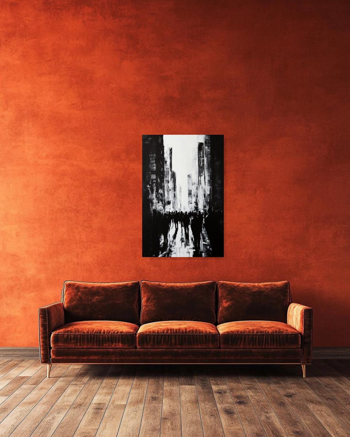 Black and White Abstract Cityscape with Crowd Silhouettes Poster - Image 2