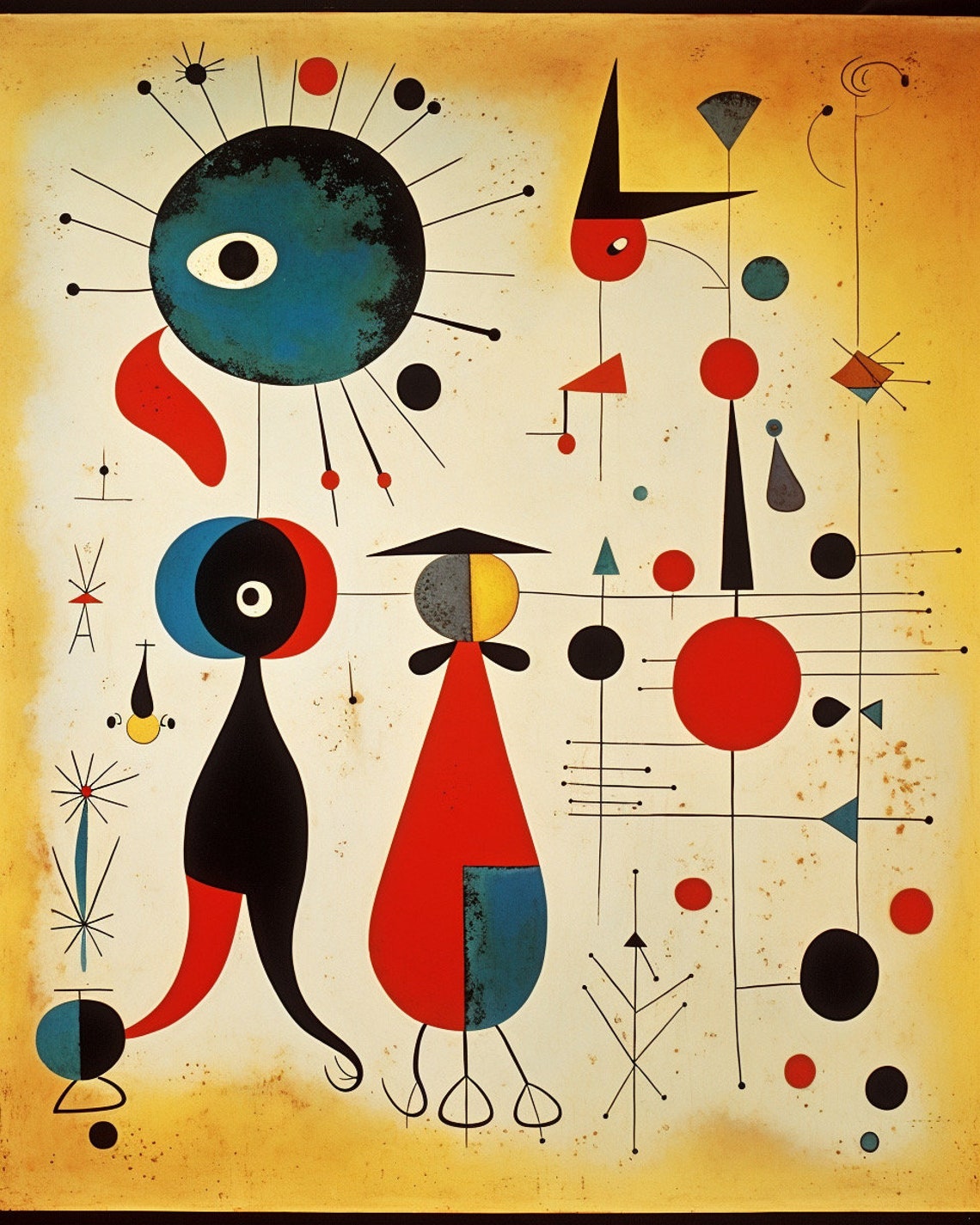 Miro Style Whimsical Abstract Figures on Ochre Modern Poster