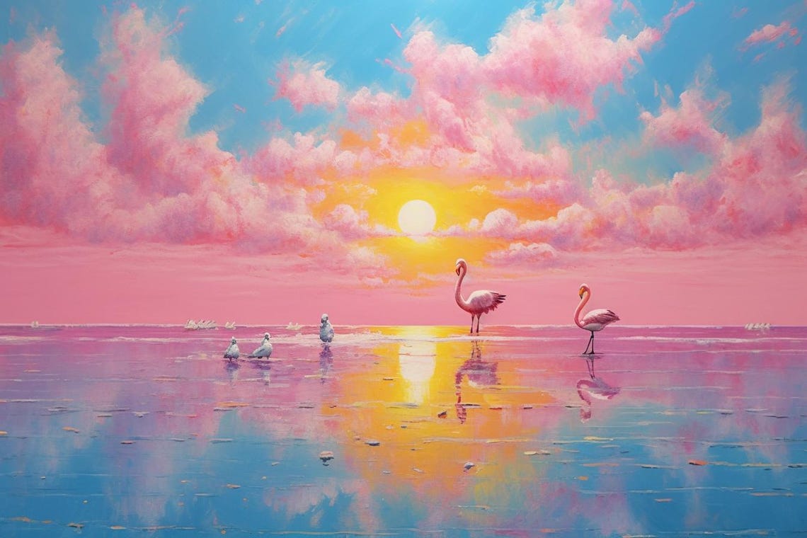Pink Ocean Sunset Flamingos Shoreline Dreamy Seascape Poster