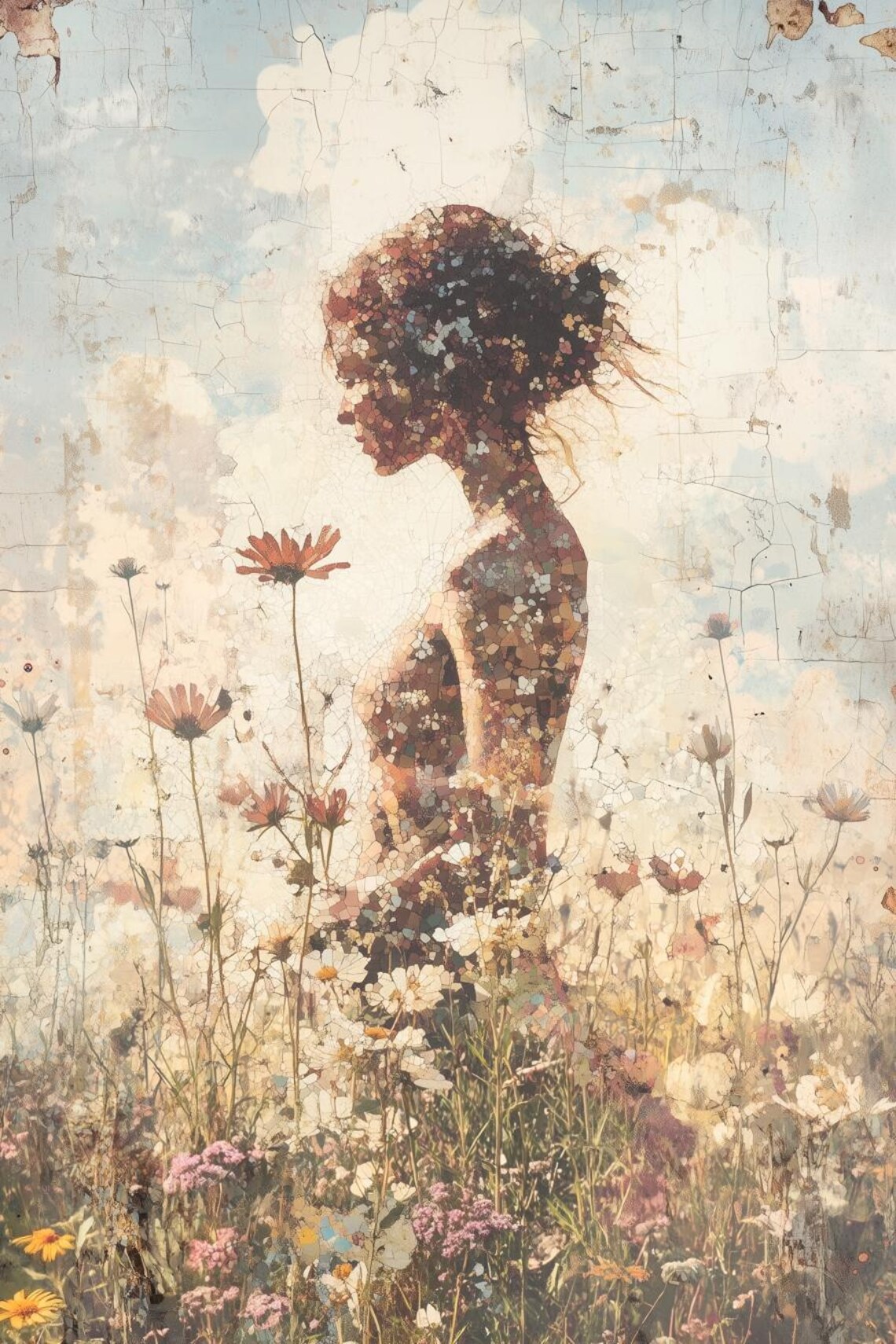 Floral Silhouette Woman Wildflower Meadow Impressionist Collage Poster