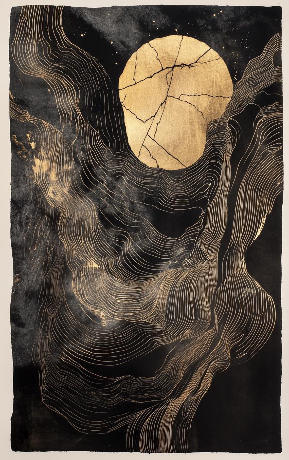 Black and Gold Abstract Moon with Flowing Golden Lines Poster