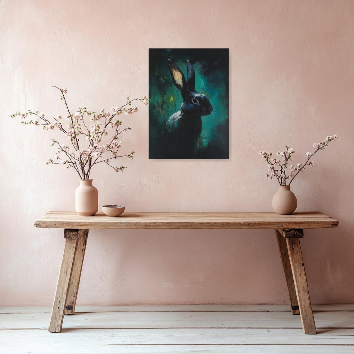 Black Rabbit Portrait Dark Teal Background Expressive Animal Poster - Image 3