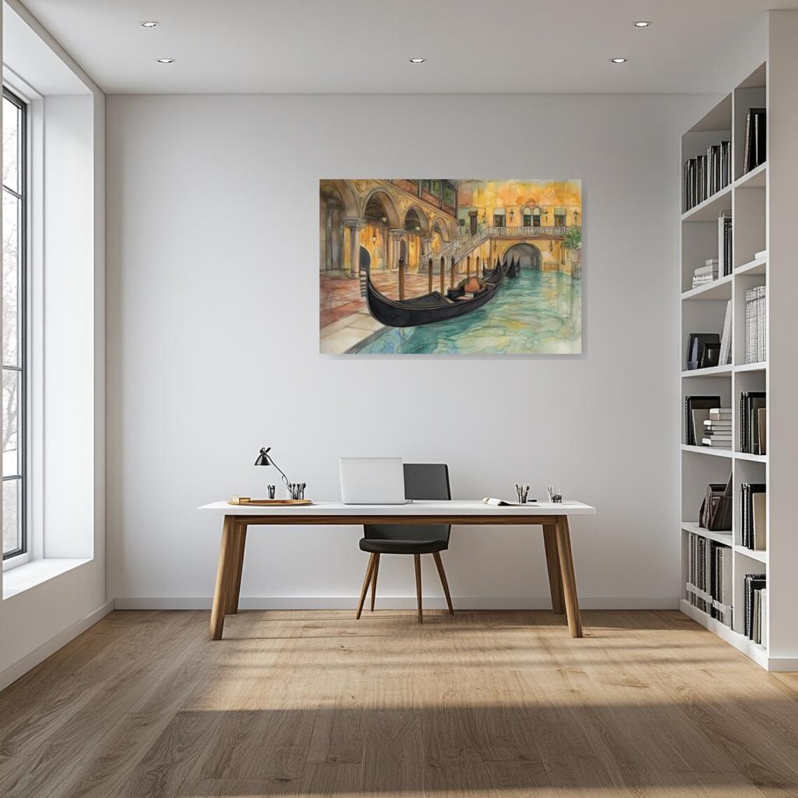 Venetian Gondolas Resting On A Quiet Canal Watercolor Painting Poster - Image 3