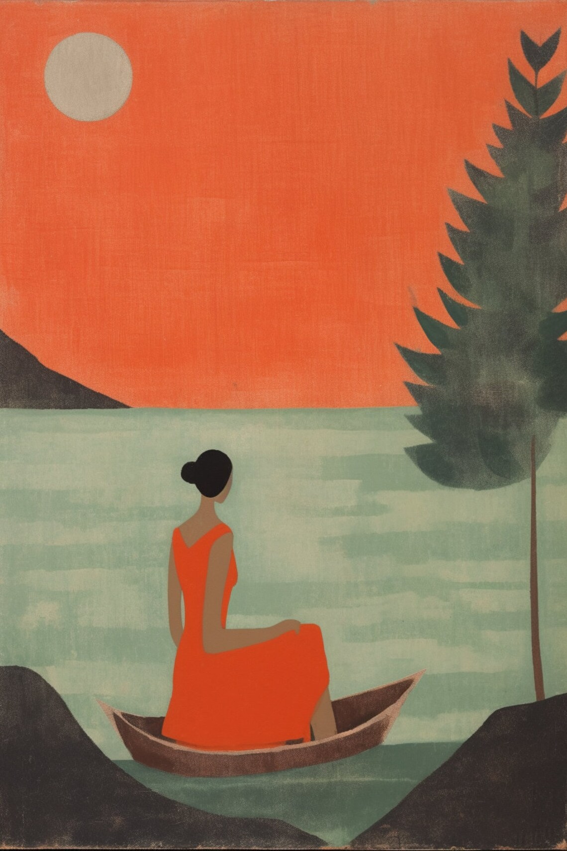 Serene Splendor Woman in Orange Dress on Boat Minimalist Poster