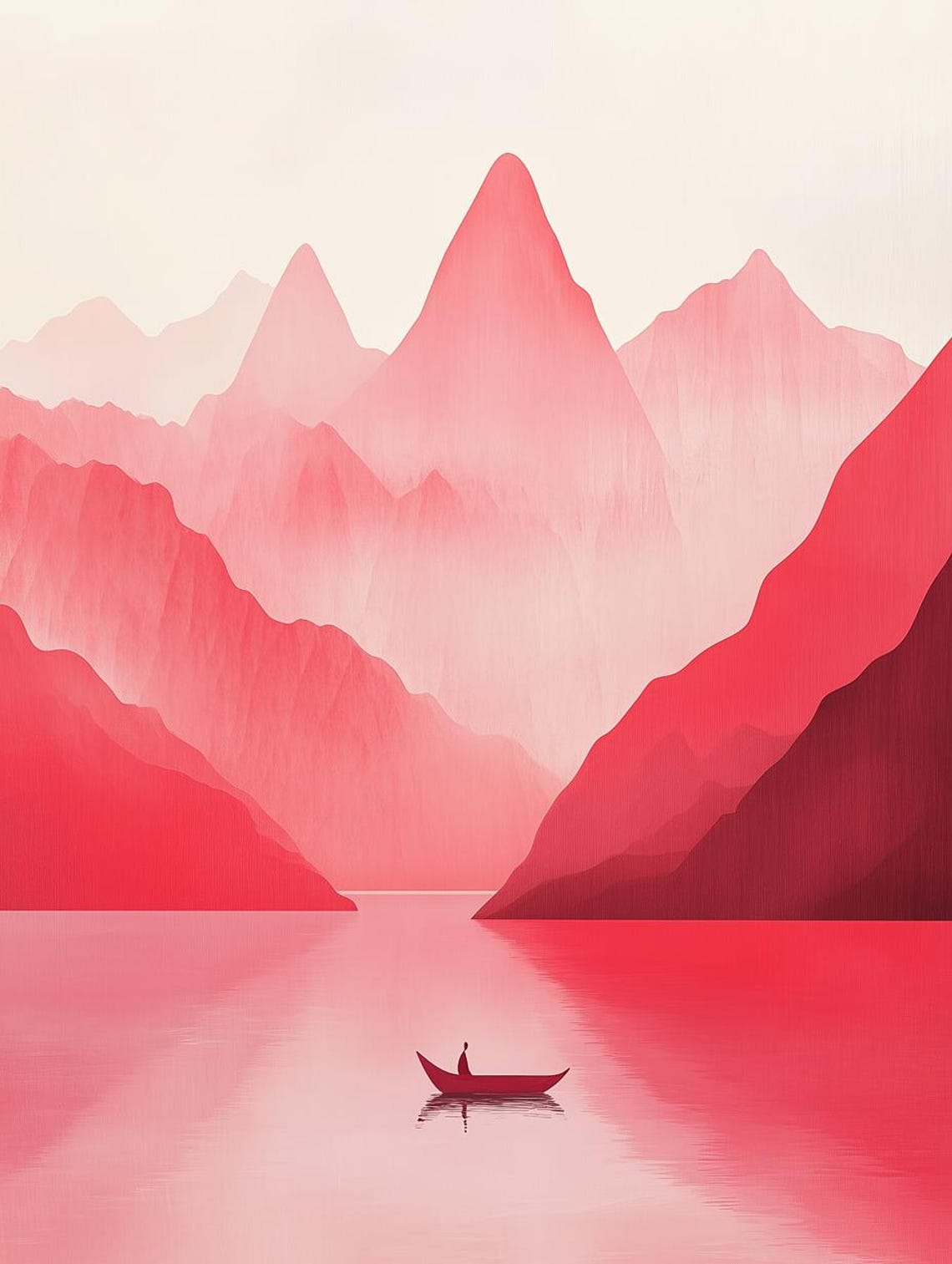Crimson Mountains Lake With Lone Boat Ink Wash Style Art Poster