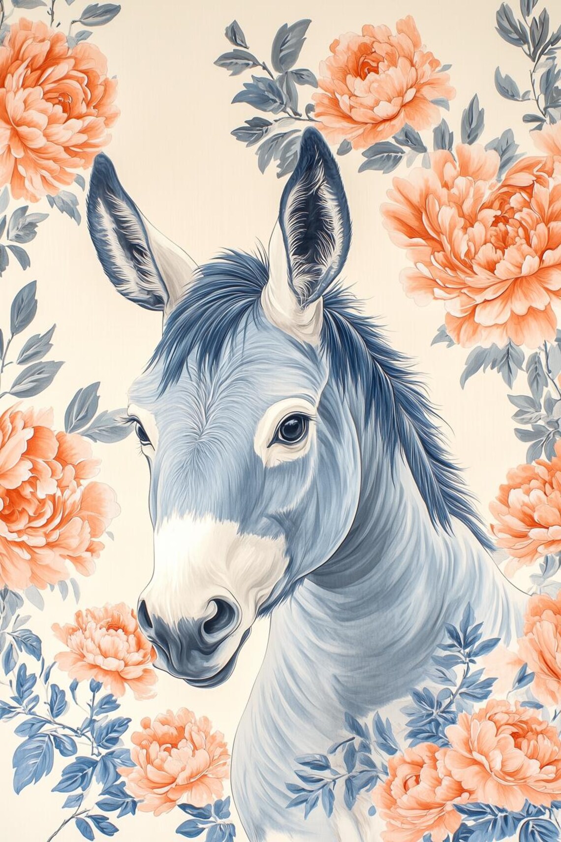 Blue Equine Portrait Surrounded by Lush Peach Peonies Poster