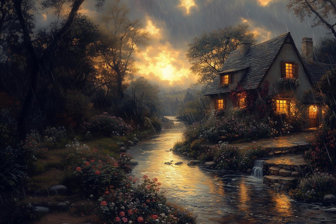 Thomas Kinkade-Inspired Cottage Landscape Art Print