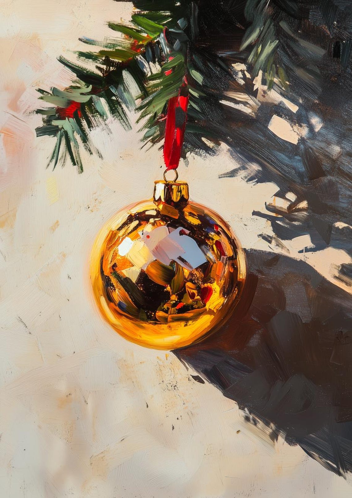 Golden Christmas Ornament Still Life with Pine Branch Painting Poster