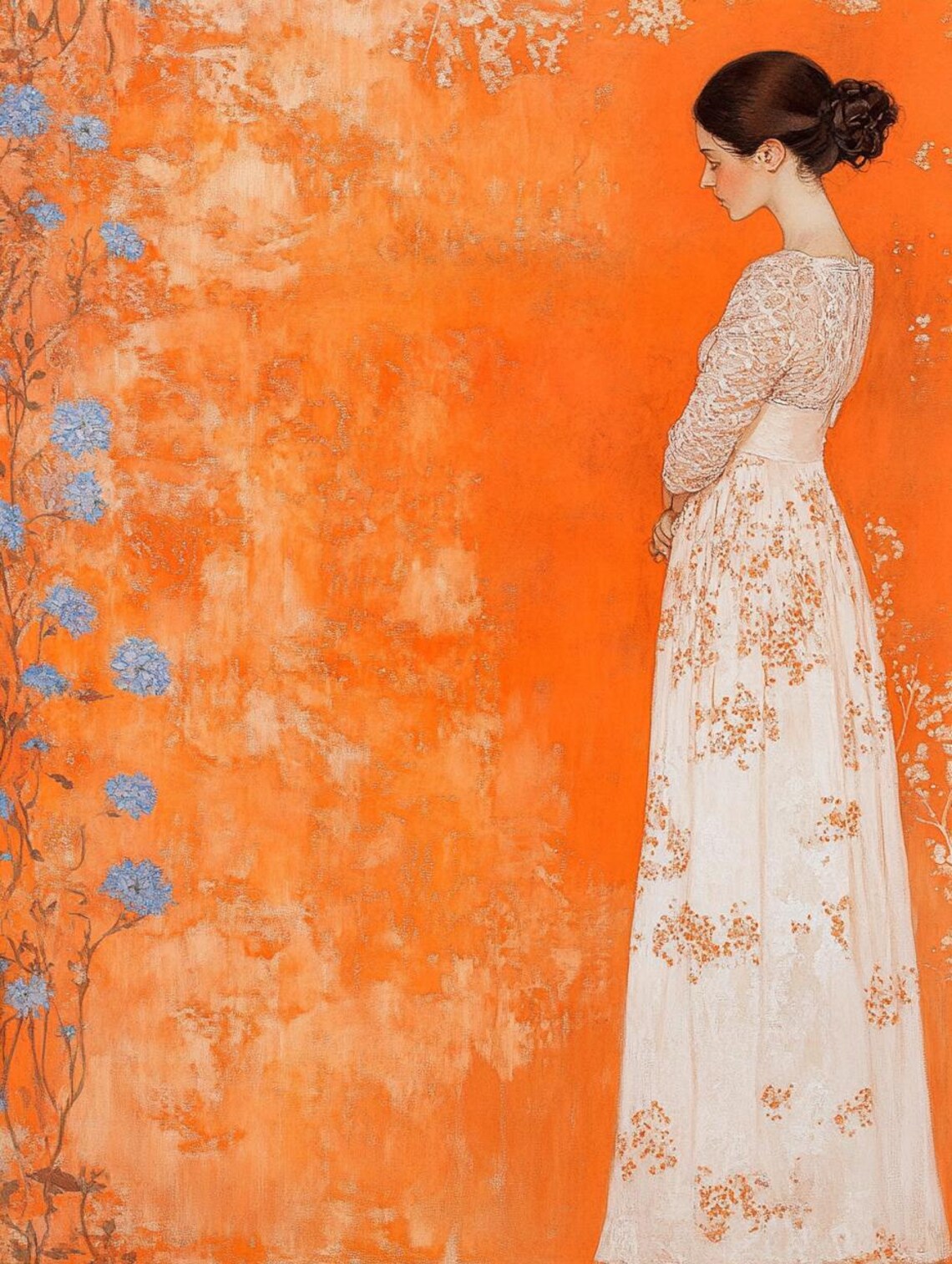 Graceful Woman In White Impressionist Art Print Klimt Style Artwork Vibrant Orange Background Custom Art