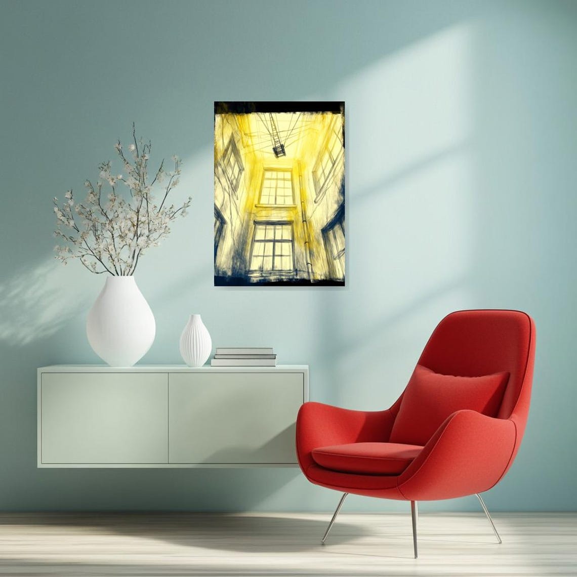 Sunlit Yellow Stairwell Sketch With a Dangling Ladder Poster - Image 2