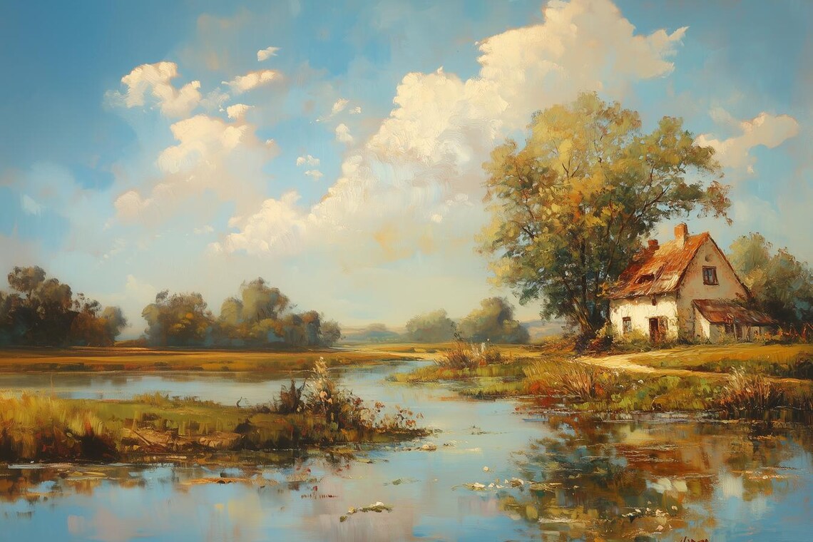 Serene Landscape, Vintage Cottage Reflection