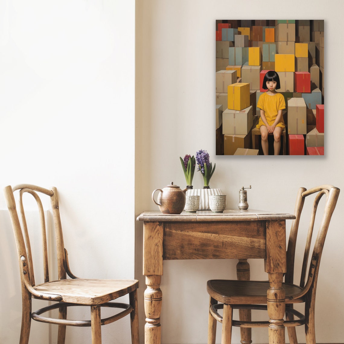 Young Girl in Yellow Dress Sitting Among Stacked Boxes Poster - Image 2