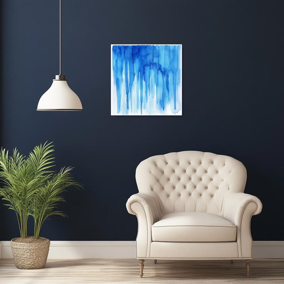 Blue Watercolor Drip Lines Modern Minimalist Abstract Art Poster - Image 3