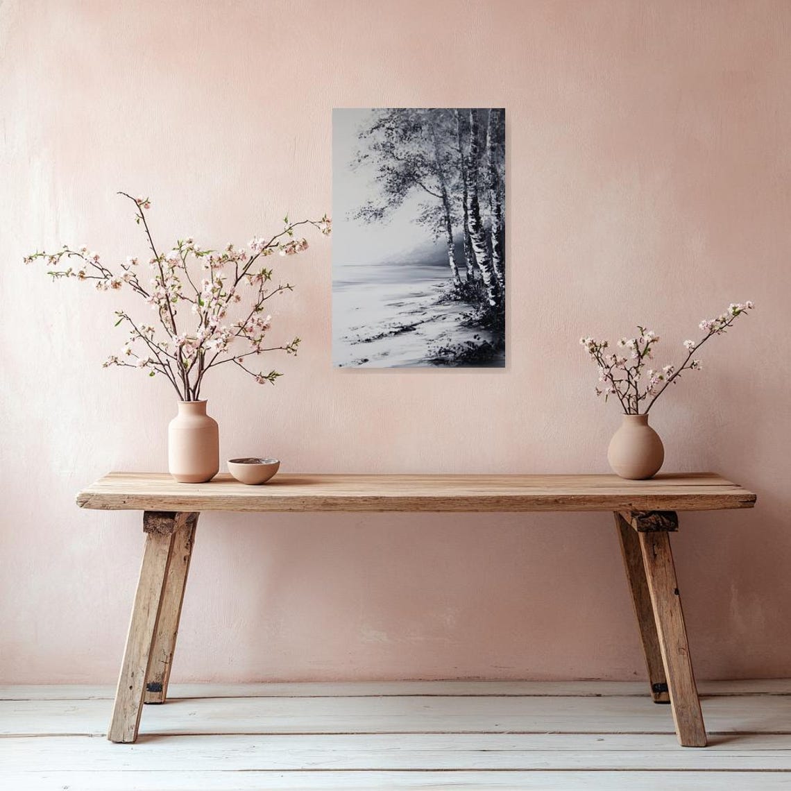 Quiet Monochrome Birch Trees Misty Lakeshore Landscape Poster - Image 3