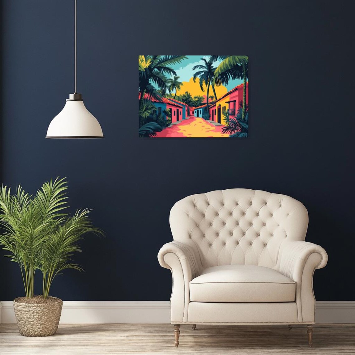 Vibrant Tropical Street Colorful Houses Palm Trees Modern Art Poster - Image 3