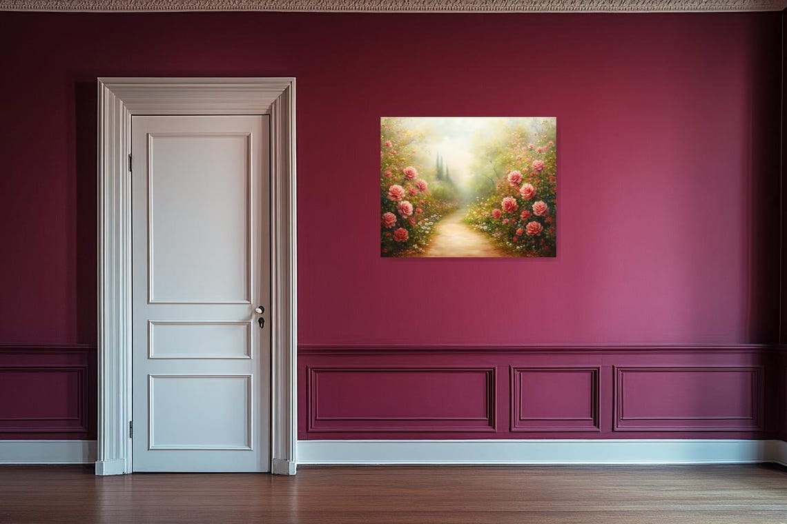 Pink Rose Garden Path Dreamy Monet Style Impressionist Poster - Image 3