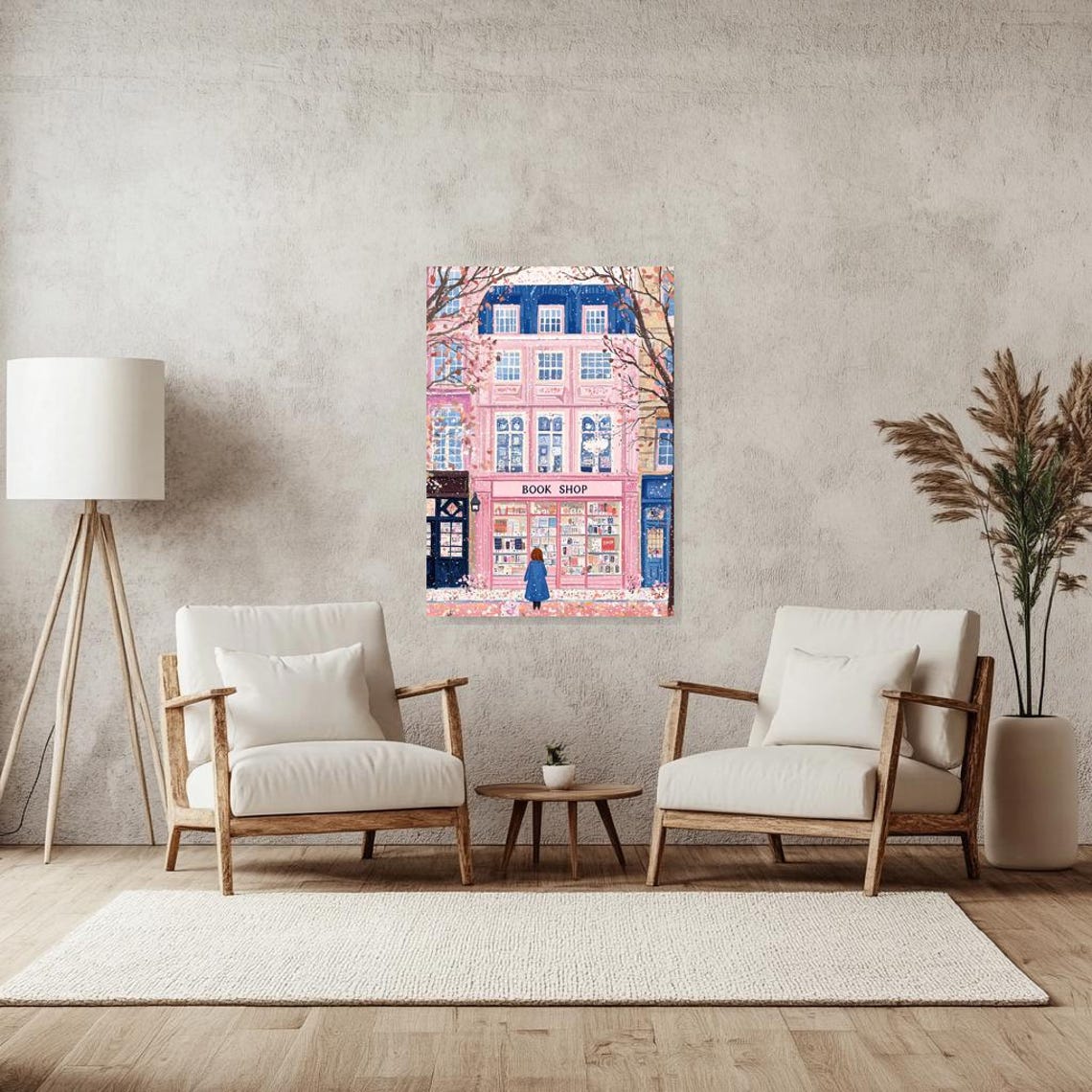 Pink Bookshop in Snow with Falling Petals and Blue Coat Girl Poster - Image 3