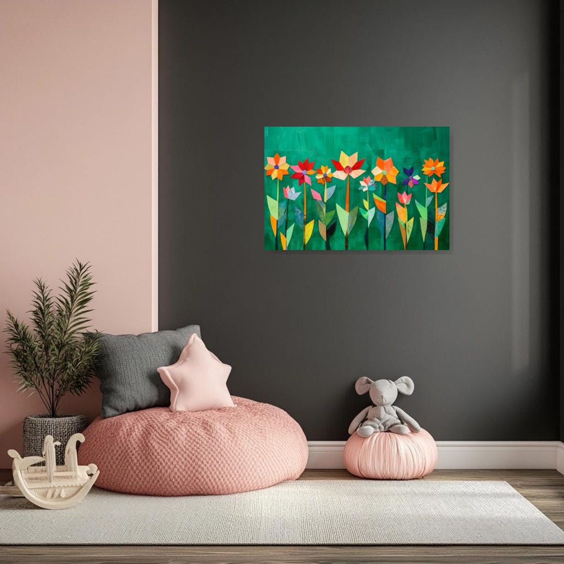 Cheerful Paper Cut Flowers On Emerald Green Collage Art Poster - Image 2