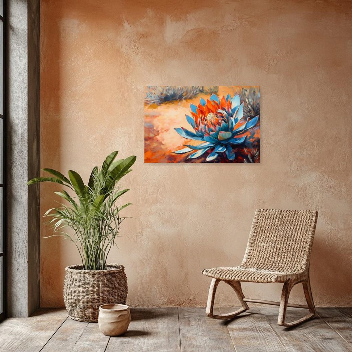 Bold Fiery Orange Protea Bloom Blue Leaves Desert Flower Poster - Image 3