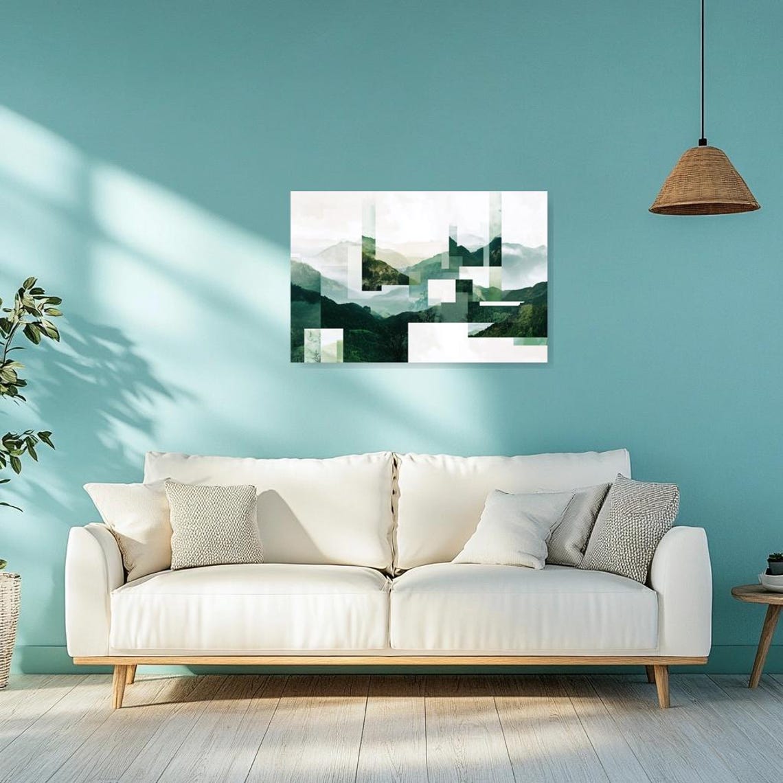 Fragmented Green Mountain Landscape Geometric Collage Art Poster - Image 3