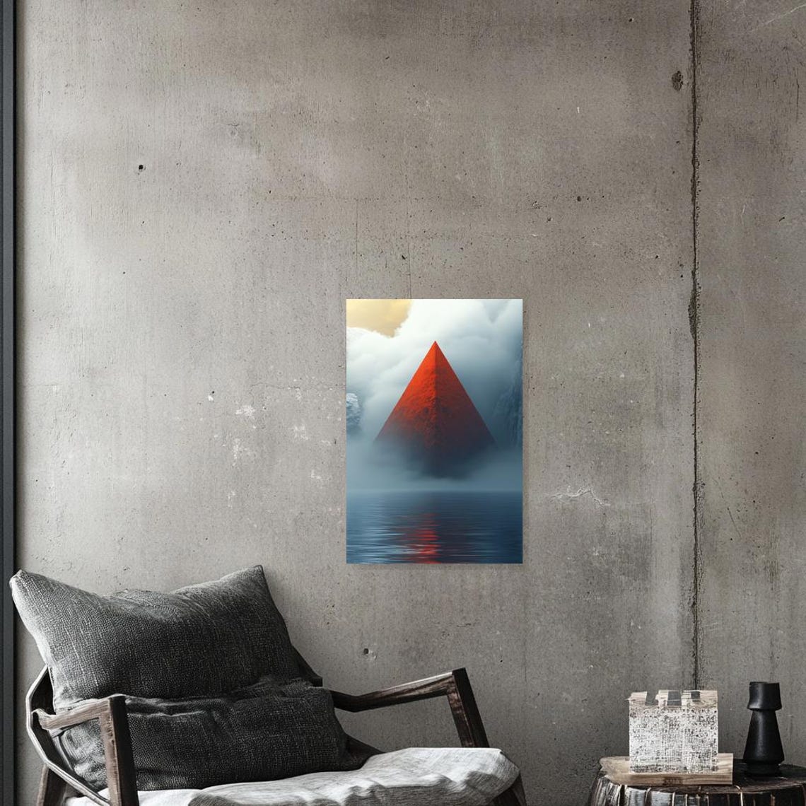 Red Pyramid Rising From Mist Over Water Surreal Minimalist Art Poster - Image 2