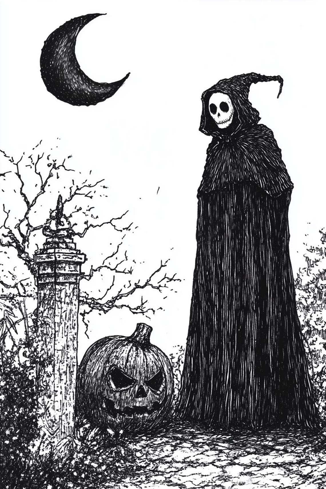 Gothic Halloween Reaper Jack-O-Lantern Crescent Moon Ink Poster
