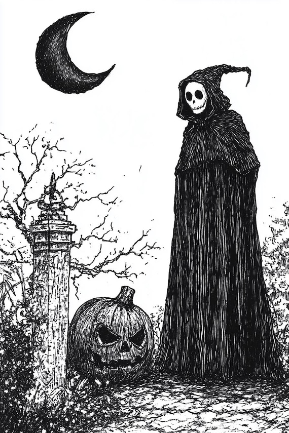 Gothic Halloween Reaper Jack-O-Lantern Crescent Moon Ink Poster