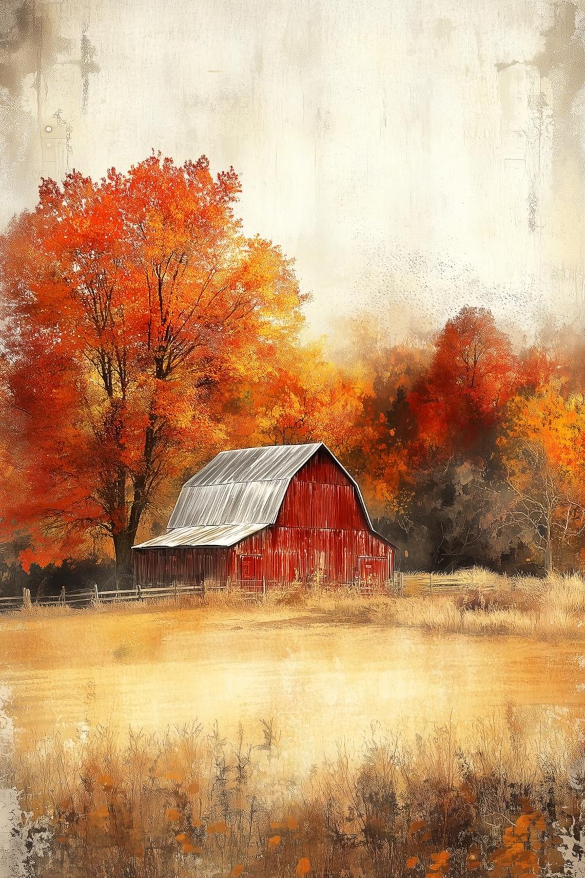 Rustic Autumn Barn Art Print, Fall Landscape