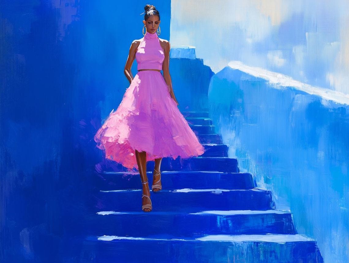 Woman in Pink Dress on Blue Santorini Stairs Impressionist Poster