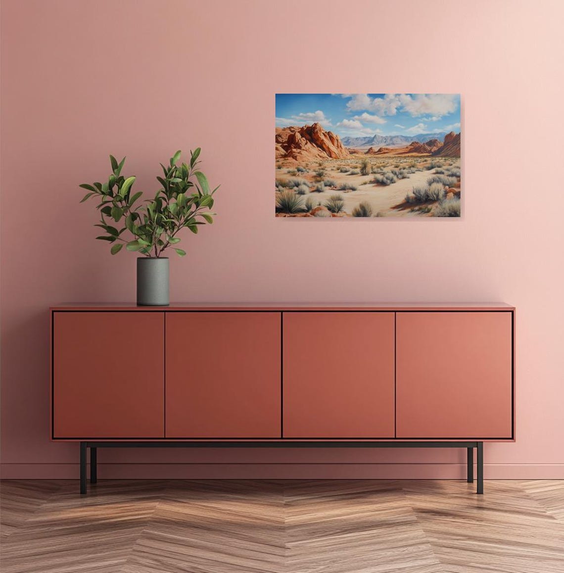 Detailed Red Rock Desert Valley With Blue Sky And Desert Plants Poster - Image 3